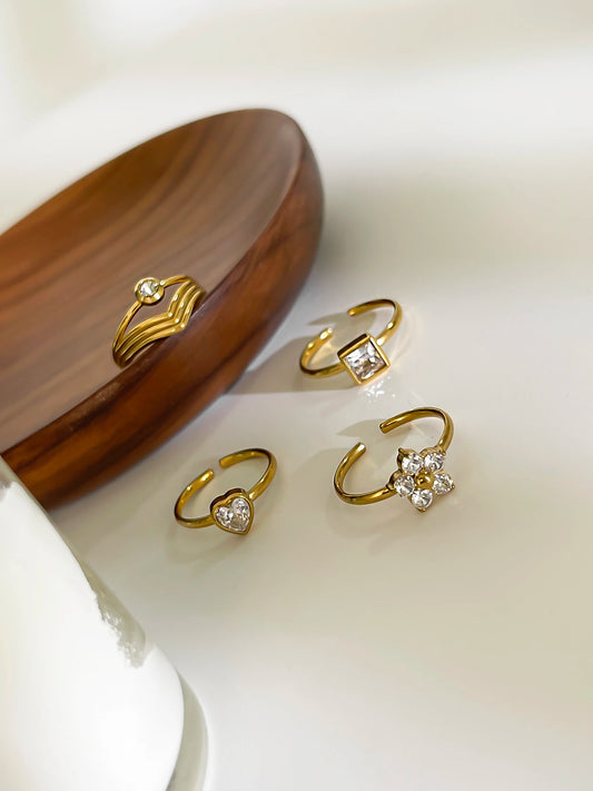 Luckacco Peri'sbox Anti-Tarnish White Rhinestone Square Heart Flower Open Rings Women Trendy Multi-layer V-Shaped Ring Wedding Party Gift