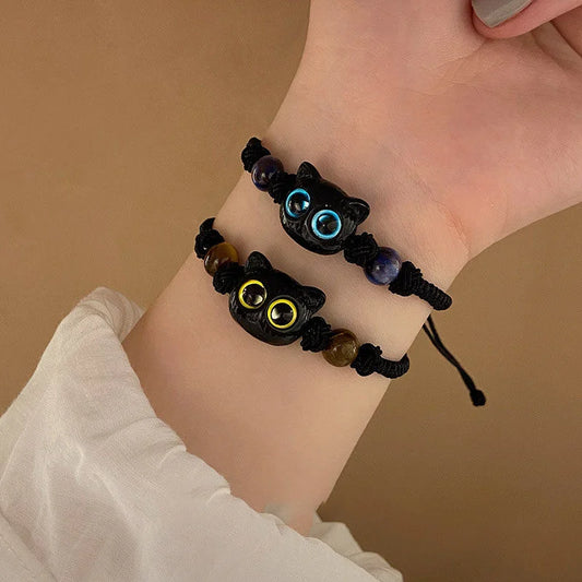 Luckacco Handmade 2pcs Couples Cute Cat Bracelet Unique Stylish Hand Rope For Women Men Beaded Woven Bracelet Wrist Jewelry Gifts
