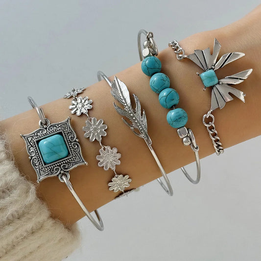 Luckacco KMVEXO 5Pcs/Set Vintage Bohemian Turquoise Inlaid Bracelets Women Ethnic Style Flower Feather Cuff Bracelet Bangles Boho Jewelry