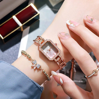Luckacco Luxury Ladies Brand Watches Fashion Dresses Square Crystal Minimalist Design Women Quartz Watch Stainless Steel Skeleton Clock