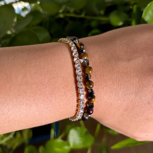 Luckacco Natural tiger eye stone and rhombus cut gray crystal handmade beaded bracelet for men and women homeopathic stress relief calmin