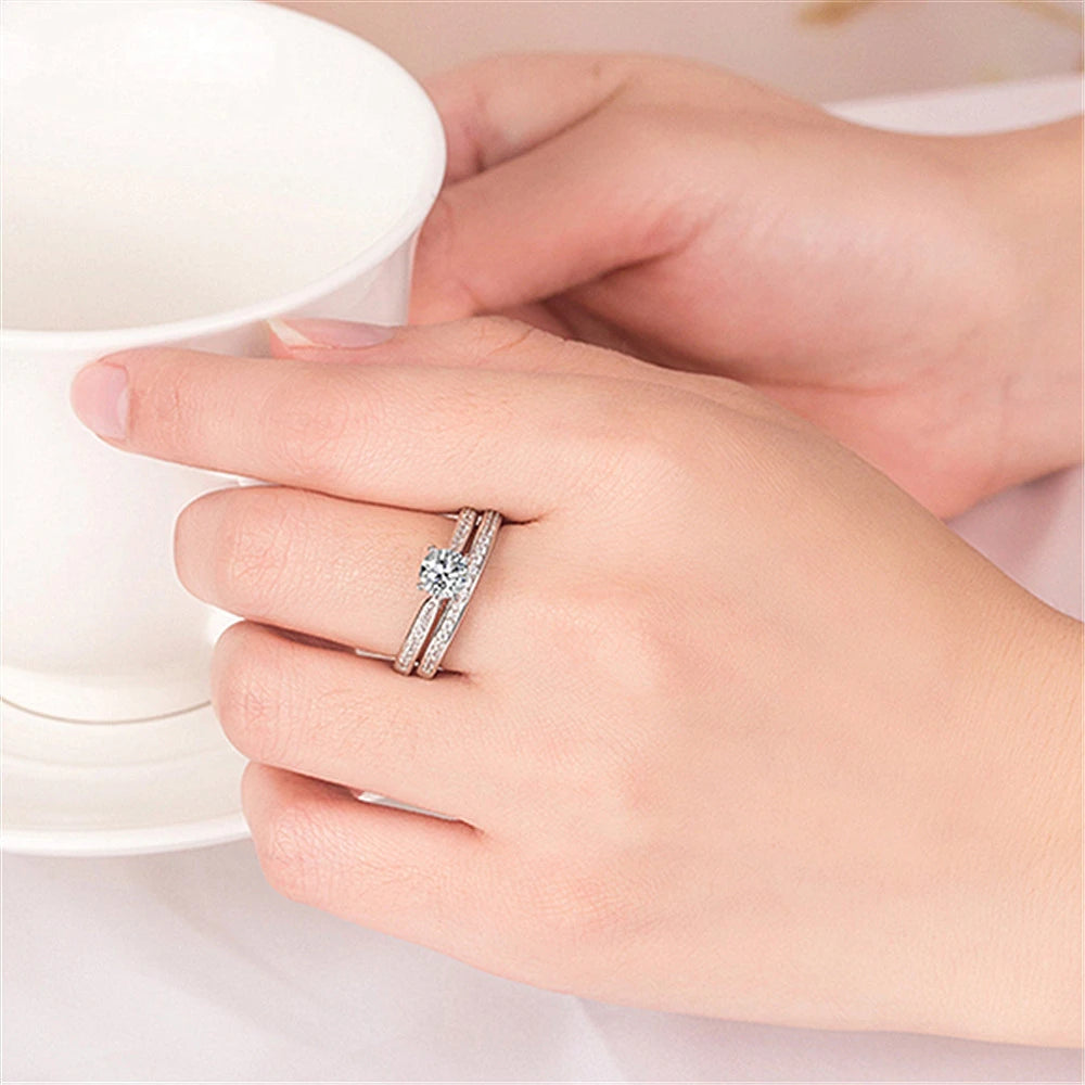 luckacco 925 sterling silver couple rings set embedded with crystal zirconia stones - matching rings for men and women