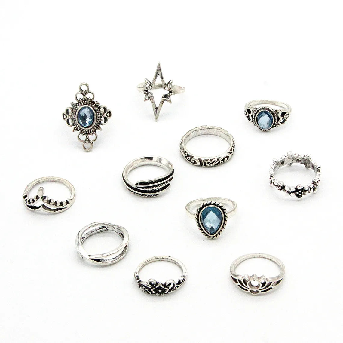 luckacco 11pcs/set bohemia vintage silver gothic aesthatic vintage carved feathers flowers leaves butterfly ring set for women