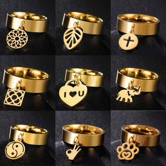 Luckacco Unift Women Stainless Steel Charms Rings Flower Leaf Spider Paw Pendant Finger Ring Fashion Minimalist Couple Jewelry
