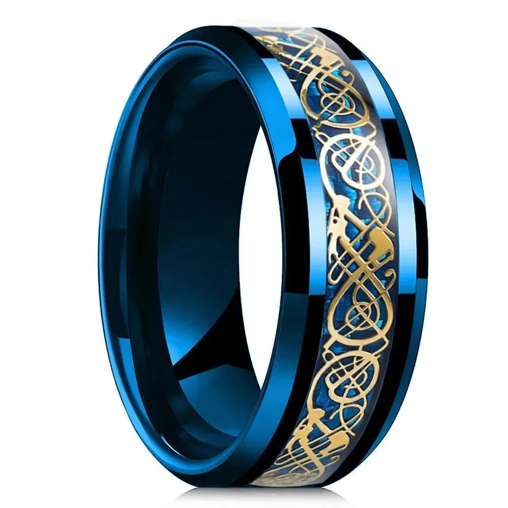 luckacco fashion 8mm black tungsten wedding celtic dragon rings inlaid blue zircon stainless steel rings for men blue carbon fibre ring