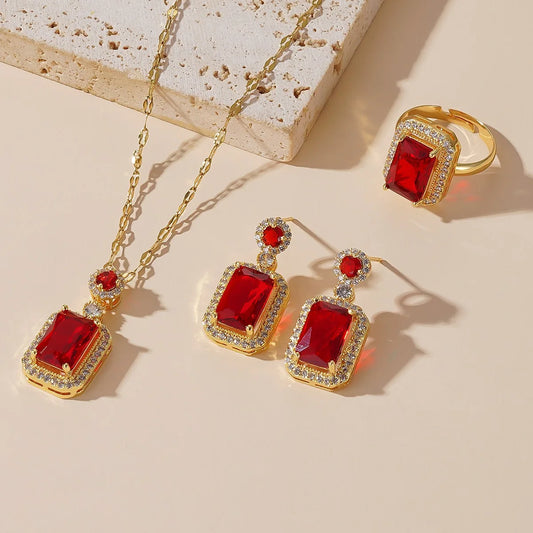 Luckacco Vintage Emerald Sets Unique Design Light Luxury Temperament Earrings  Pendant Necklace Rings Three-Piece Sets Trend Jewerly Set