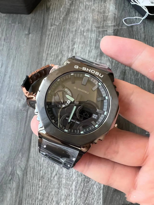 Luckacco Digital Sports Electronic Unisex Watch Full Function LED Alloy Large Dial World Time Steel Strap GMB Oak Series