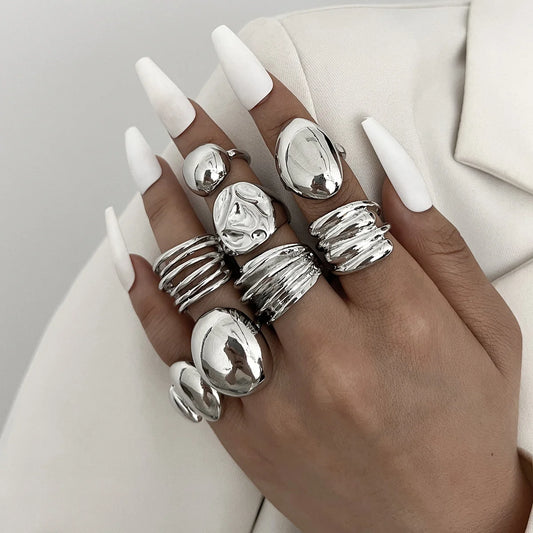 Luckacco Vintage Chic Geometric Stone Inlaid Ring Set for Women Simple Chunky Gold Color Geometric Rings Daily Wear Party Jewelry Gifts