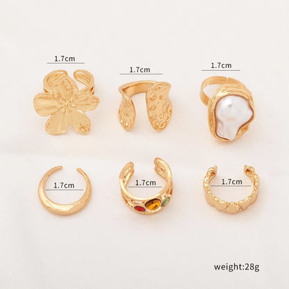 Luckacco 6pcs Set Personality Trend Liquid Metal Lava Flower Baroque Imitation Pearl Zircon Opening Rings for Women Jewelry Sets Gifts