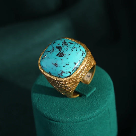 Luckacco Vintage Wedding Rings for Women Round Blue Natural Oval Green Crystal Horse Eye Shape Glass Retro Pattern Gold Color Jewelry