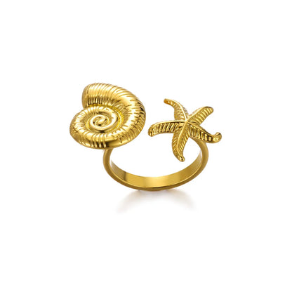 Luckacco Elegant Stainless Steel Big Bloom Flower Rings For Women Gold Color Sun Starfish Open Ring Finger Jewelry Wedding Her Gift Punk