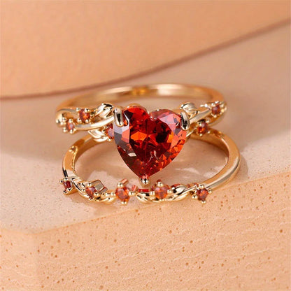 Luckacco Royal Blue Green Black Red Stone Heart Ring Sets for Women Rose Gold Color White Zircon Bridal Wedding Bands Mothers Day Jewelry