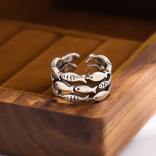 Luckacco 925 Sterling Silver Rings For Women Simple Minimalist  Retro Fish Open Finger Ring Fashion Band Female Bijoux Gift
