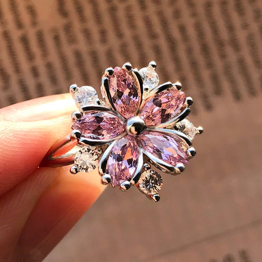 Luckacco Cute Female Pink Crystal Stone Ring Charm Silver Color Thin Wedding Rings For Women Dainty Bride Flower Zircon Engagement Ring