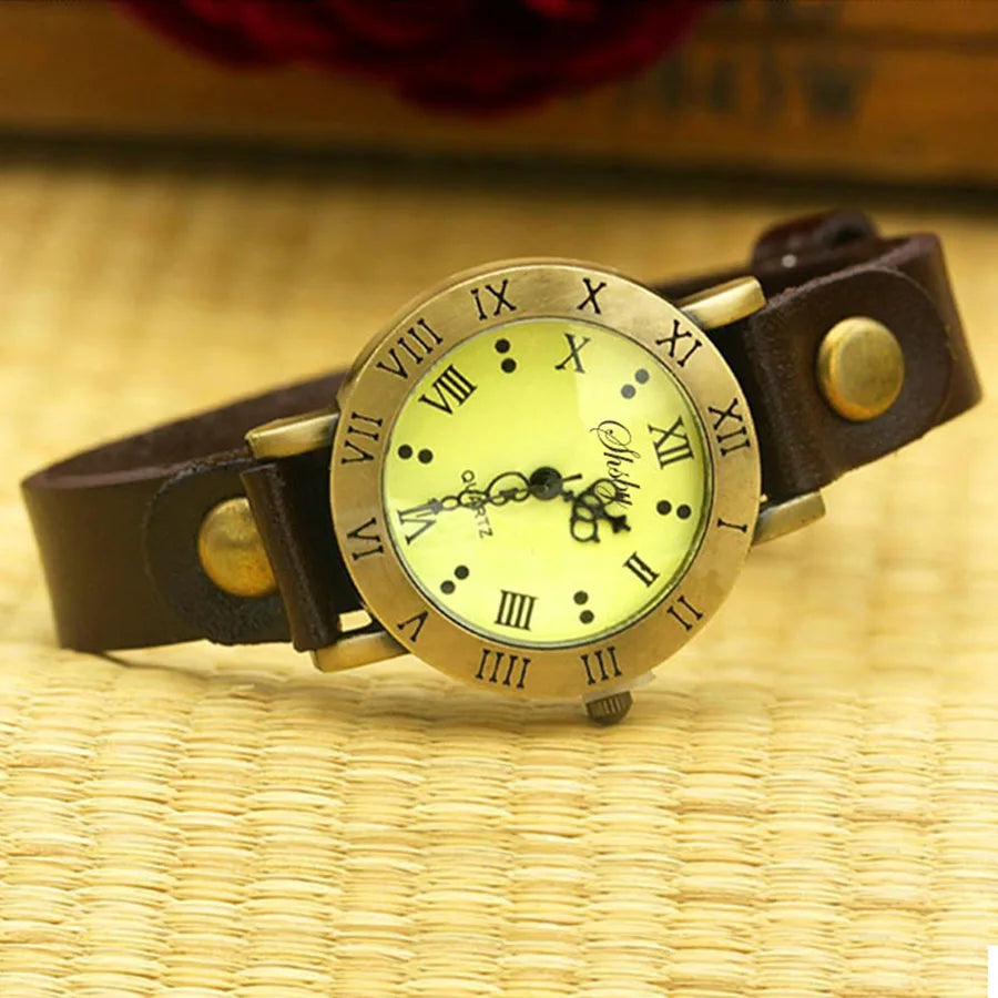 luckacco shsby new rome vintage cow leather strap watches women dress bracelet watches female bronze quartz watch student leisure watch