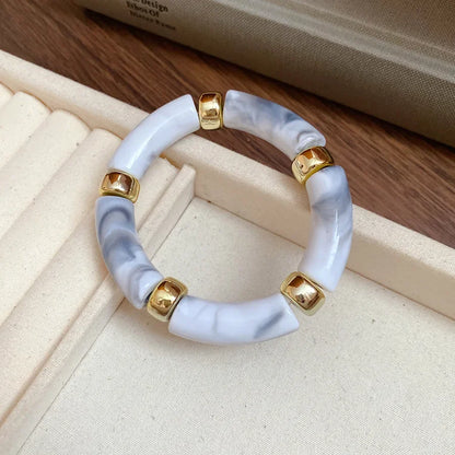 Luckacco Splicing Bamboo Tube Acrylic Smudging Bangles for Women Men Fashion Geometric Elastic Bracelets Bangles Jewelry Couple Gifts F