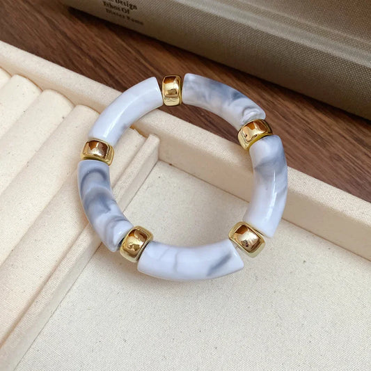 Luckacco Splicing Bamboo Tube Acrylic Smudging Bangles for Women Men Fashion Geometric Elastic Bracelets Bangles Jewelry Couple Gifts F