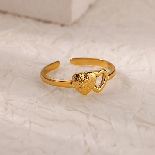 Luckacco Double Heart Rings For Women Gold Color Stainless Steel Open Adjustable Ring Female Fashion Party Wedding Aesthetic Jewelry Gift