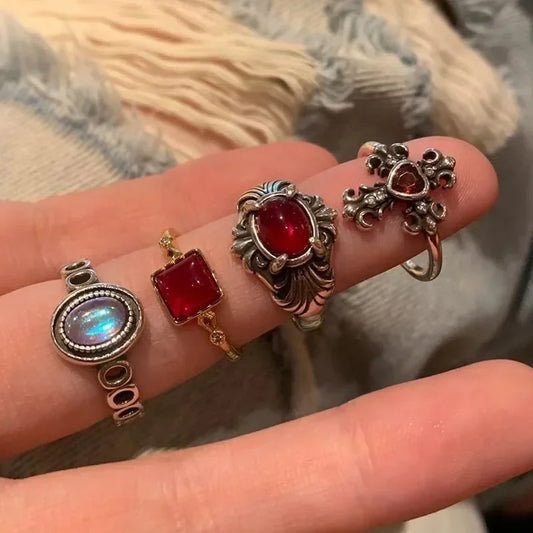 Luckacco Vintage Gothic Red Crystal Cross Geometry Open Rings for Women Y2k Punk Creative Grunge Jewelry Accessories Gift