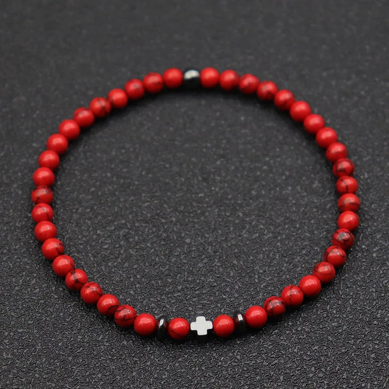 luckacco new fashion cross bracelet for men 4mm small beads strand braslet natural red howlite lava stone braclet hematite healing joias