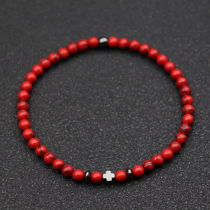 Luckacco New Fashion Cross Bracelet For Men 4mm Small Beads Strand Braslet Natural Red Howlite Lava Stone Braclet Hematite Healing Joias