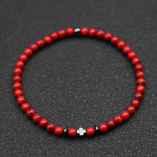 Luckacco New Fashion Cross Bracelet For Men 4mm Small Beads Strand Braslet Natural Red Howlite Lava Stone Braclet Hematite Healing Joias