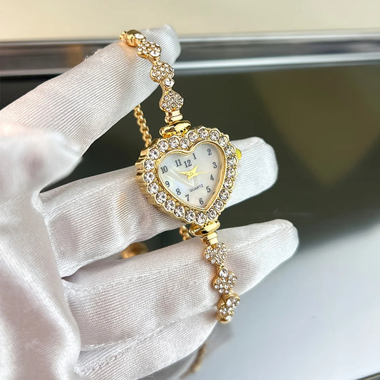Luckacco Women's Heart Rhinestone Watch with Sparkling Dial & Golden-Tone Alloy Band - Compact Quartz Wristwatch for Everyday Elegance