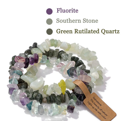 Luckacco 3PCS Natural Chip Stone Bracelet Set Irregular Fluorite Quartzs Stretch Bracelet With Tag Healing Jewelry Gifts For Women Men