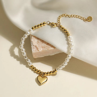 Luckacco NEWBUY High Quality Non-Fading Stainless Steel Jewelry Trendy Gold Color Heart Pearl Charm Bracelet For Women Gift