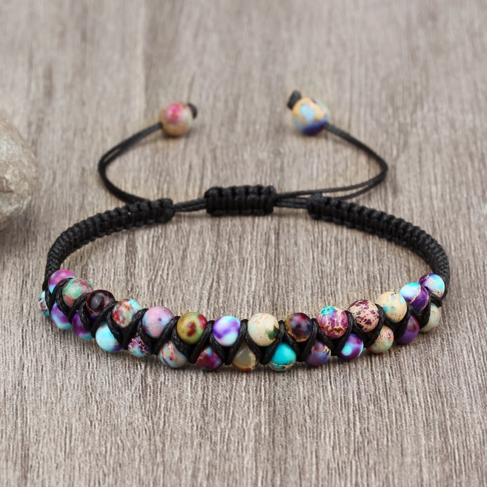 luckacco vintage 4mm natural stone beads bracelets & bangles for women men handmade adjustable braided rope chains meditation jewelry