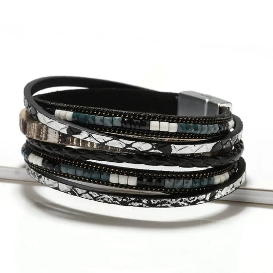 Luckacco Multilayer Brown Leather Bracelet For Women Fashion Creative Bohemian Hand Woven Magnetic Clasp Bracelet