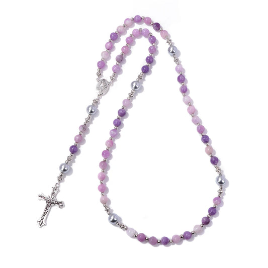Luckacco Catholic Jesus Cross Bracelet Men Religious Prayer Rosary Bangle 50CM Natural African Turquoises Lava Gem Stone Bead Bracelet