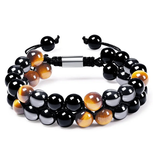 Luckacco 8MM Natural Tiger Eye Stone Adjustable Bracelet Double Layer Hand Woven  Row Strand Beaded Bangles Couple Party Jewelry