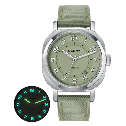 Luckacco BERNY Mechanical Watch for Women Self-wind Pillow Cushion Sapphire Super Luminous Wristwatch Canvas Calendar Watch for Ladies
