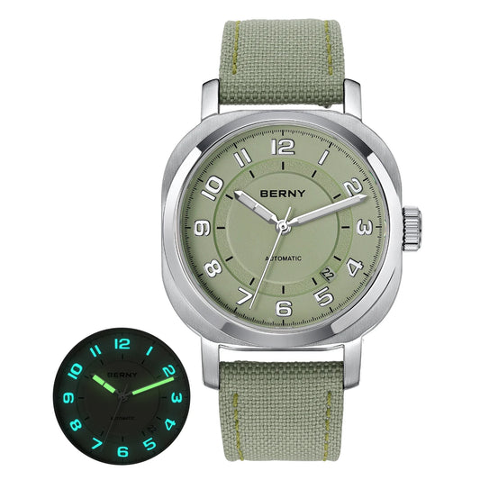 Luckacco BERNY Mechanical Watch for Women Self-wind Pillow Cushion Sapphire Super Luminous Wristwatch Canvas Calendar Watch for Ladies