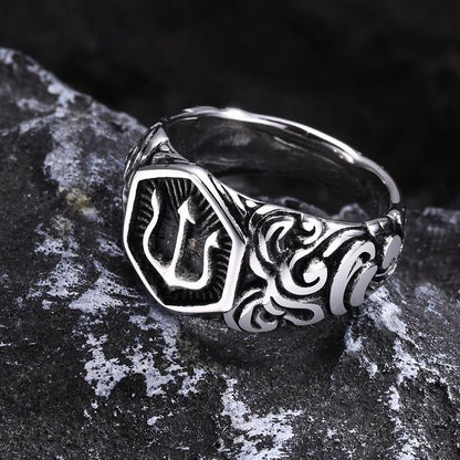Luckacco 13.3mm Poseidon Trident Ring for Men Ancient Greek New Stainless Steel Amulet Ring Jewelry Gift