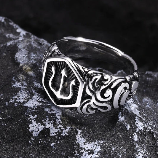 Luckacco 13.3mm Poseidon Trident Ring for Men Ancient Greek New Stainless Steel Amulet Ring Jewelry Gift