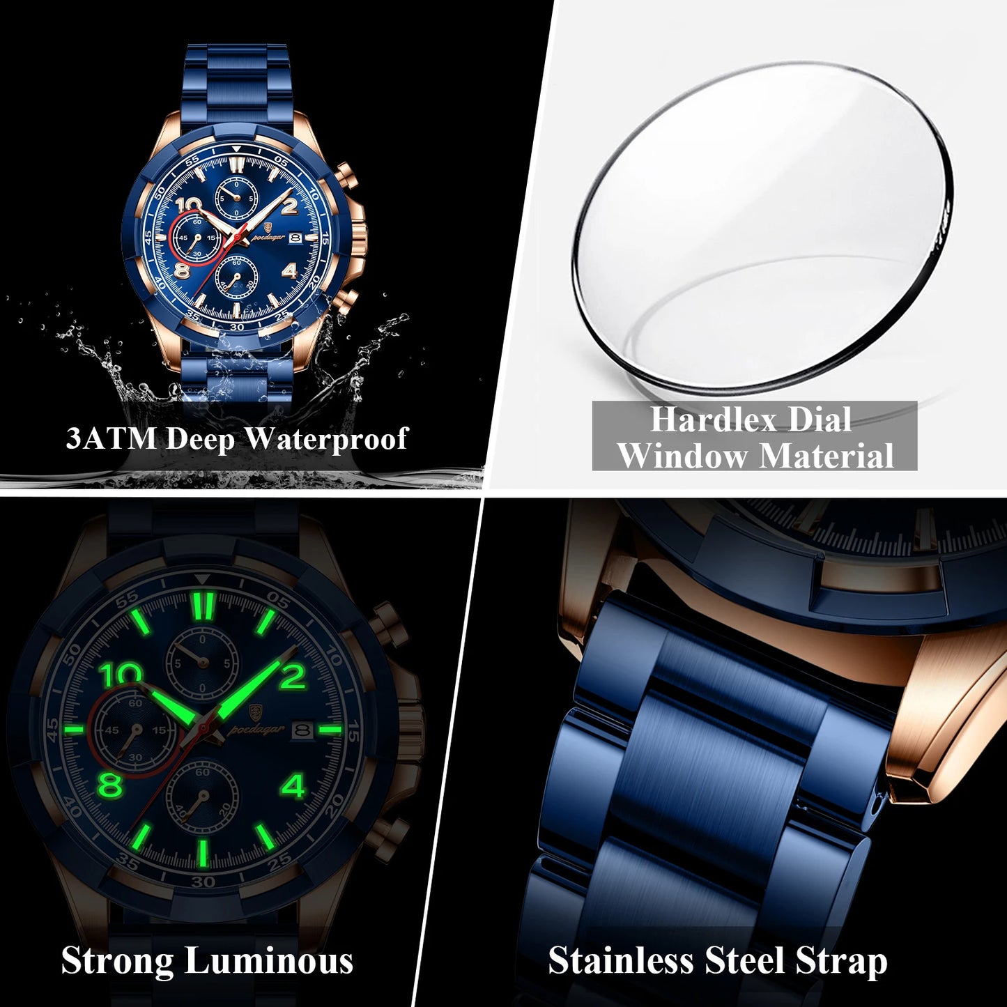 luckacco poedagar trendy men's watch luminous waterproof stainless steel male watch chronograph date sports quartz watches for men reloj