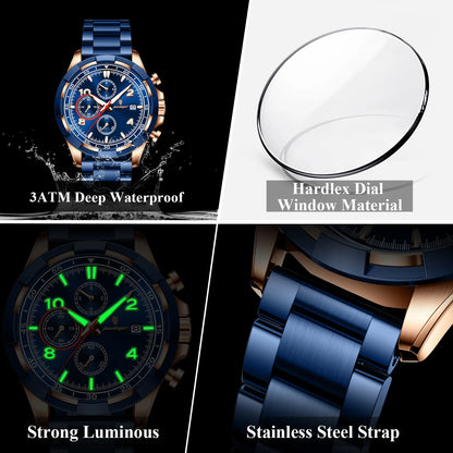 Luckacco POEDAGAR Trendy Men's Watch Luminous Waterproof Stainless Steel Male Watch Chronograph Date Sports Quartz Watches For Men Reloj