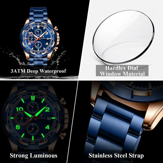 Luckacco POEDAGAR Trendy Men's Watch Luminous Waterproof Stainless Steel Male Watch Chronograph Date Sports Quartz Watches For Men Reloj