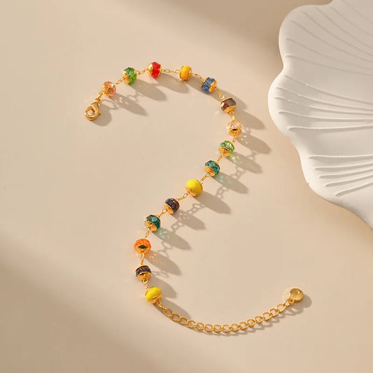 Luckacco Bohemian Multicolour Crystal Beads Bracelet for Women 18k Gold Plated Tourism and Vacation Ethnic Style Jewelry Accessories