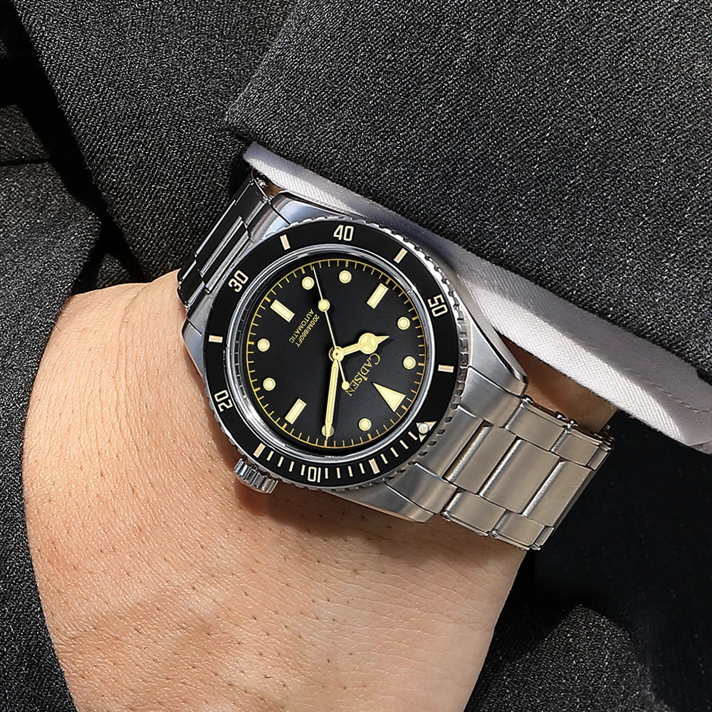 luckacco cadisen luxury men watch 38mm diver vintage automatic business wristwatches nh35 mechanical sapphire 20 bar mens retro clock