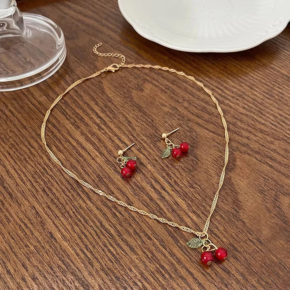 luckacco chic red cherry necklace dangle earring set gold color chian cute pendant charming 2 pcs jewelry set for women