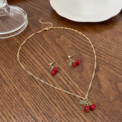 Luckacco Chic Red Cherry Necklace Dangle Earring Set Gold Color Chian Cute Pendant Charming 2 PCS Jewelry Set For Women