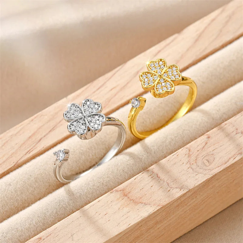 luckacco titanium stainless steel ring for women rotate rotating anxiety fidget adjustable rings silver color jewelry lovely flower bee