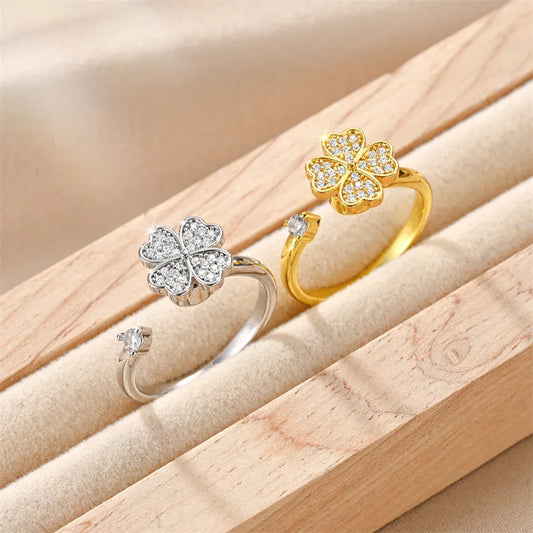 Luckacco Titanium Stainless Steel Ring For Women Rotate Rotating Anxiety Fidget Adjustable Rings Silver Color Jewelry Lovely Flower Bee