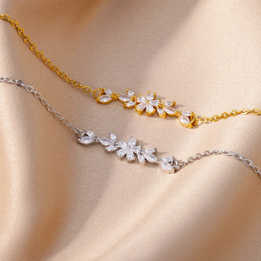 Luckacco Elegant Zircon Flowers Bracelet For Women Girls Charm Gold Color Stainless Steel Plant Bracelets Luxury Designer Jewelry Gifts