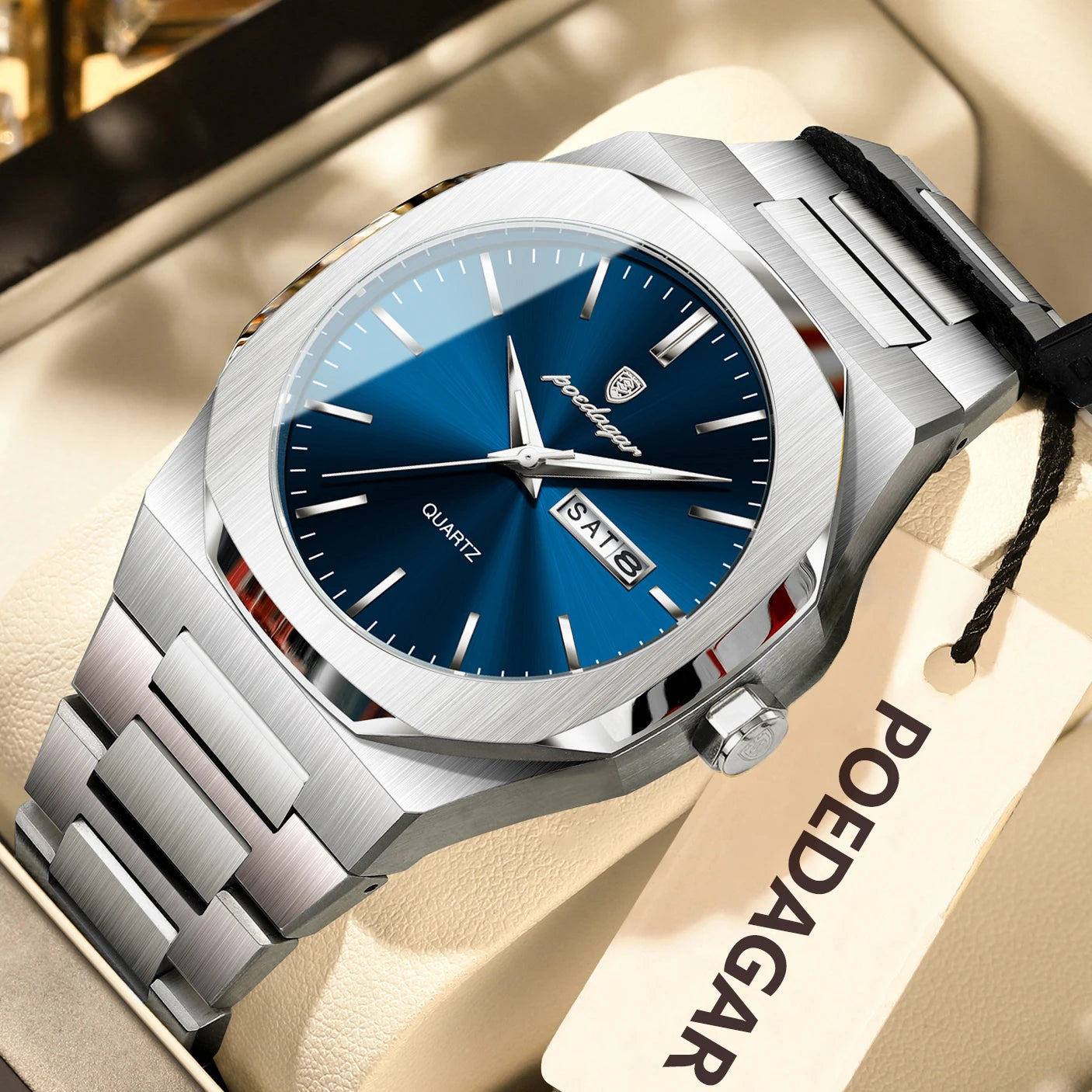 luckacco poedagar fashion brand male watch waterproof luminous stainless steel watches for men date week casual quartz men's clock reloj