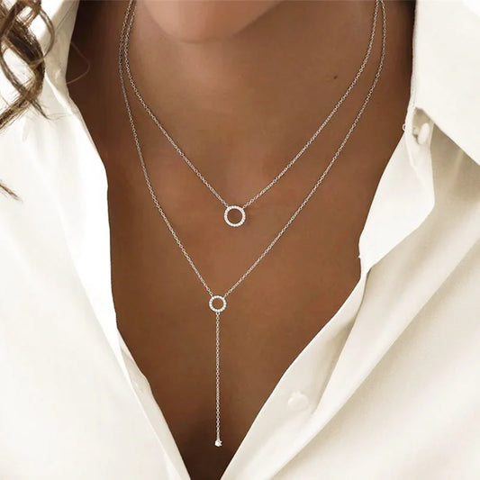 Luckacco S925 Sterling Silver Double-Deck Circle Zircon Pendant Long O-Chain Choker Necklace 2024 Spring Women Wedding Fine Jewelry