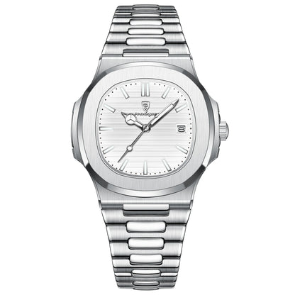 Luckacco POEDAGAR Luxury Casual Watch Top Brand Fashion Square Dial Stainless Steel Calendar Luminous Waterproof Men Watch Male Clock+Box